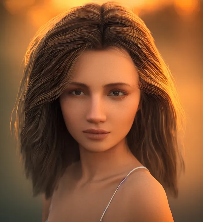 Prompt: centered waist up portrait of an angel, bokeh + DOF + 8k, photorealistic + rendered in unreal engine + ultra realistic + backlit + strong rimlight, sunset + HDRI, HD, Photoreal , by Andon Hristov, trending on artstation