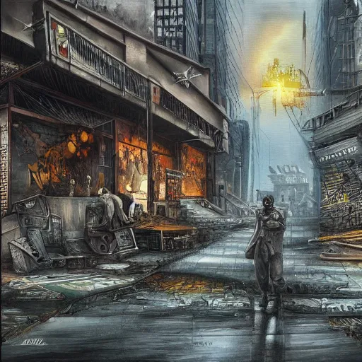 Prompt: the streets of a dystopian city, highly detailed painting