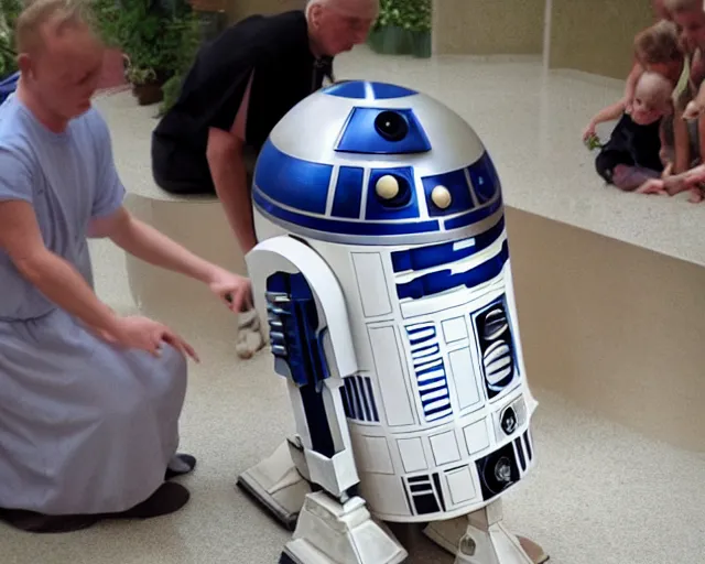 Prompt: R2D2. Getting baptised