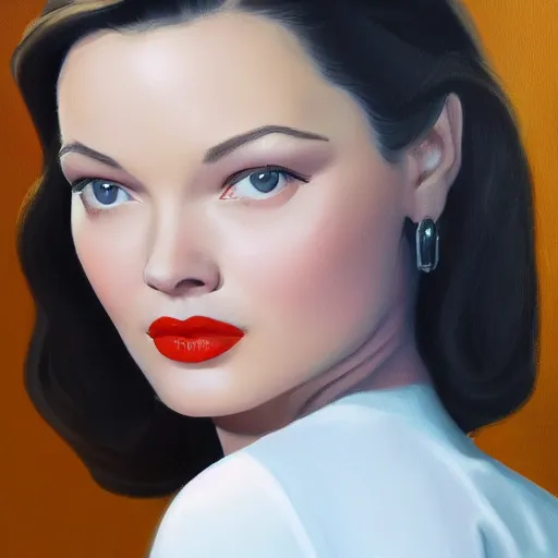 Image similar to oil painting by John Clymer, in the style of John Clymer, painting by John Clymer of a young beautiful Gene Tierney color studio publicity photo , tight face shot portrait, highly detailed, digital painting, artstation, concept art, illustration, art ,
