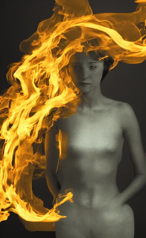 Image similar to a surreal painting of a woman made of golden fire, volumetric lighting