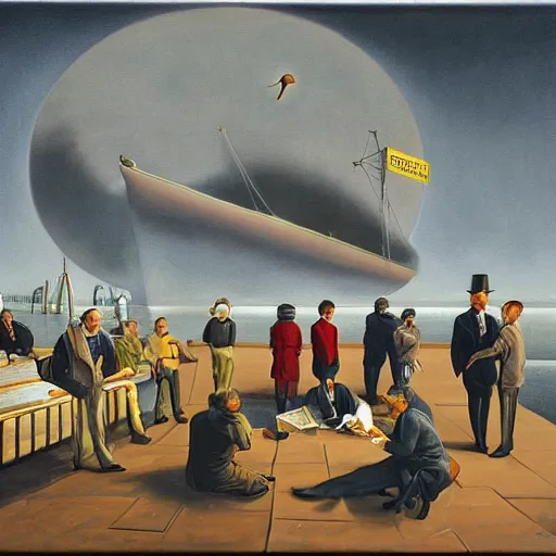 Image similar to the meeting of conspiracy theorists at the docks at midnight, surrealist painting