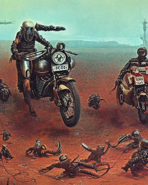 Image similar to motorbikers race in hell, retrofuturism sci - fi old movie, highly detailed, photorealistic, 8 k, by beksinski and stalenhag