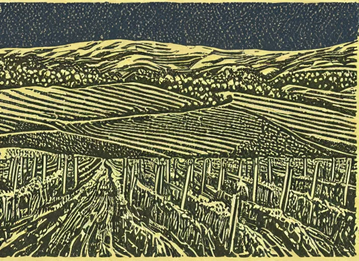 Image similar to wine label, linocut vineyard landscape by greg rutkowski, fine details, highly detailed