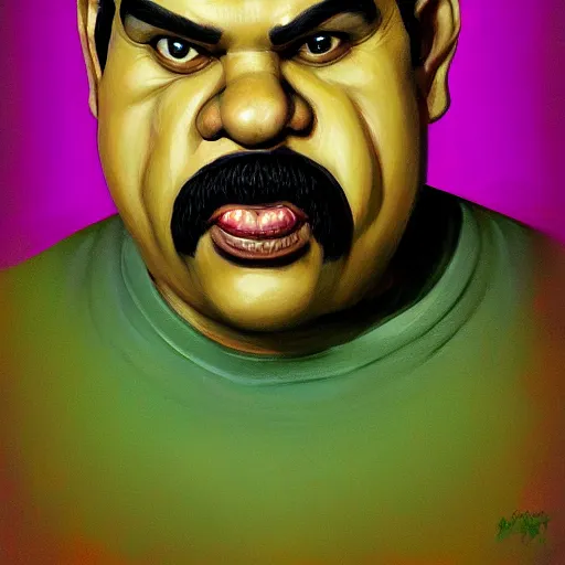 Image similar to caricature, claymation, luis guzman as luigi wearing green, painted by tom lovell, wlop, artgerm, dishonored 2,