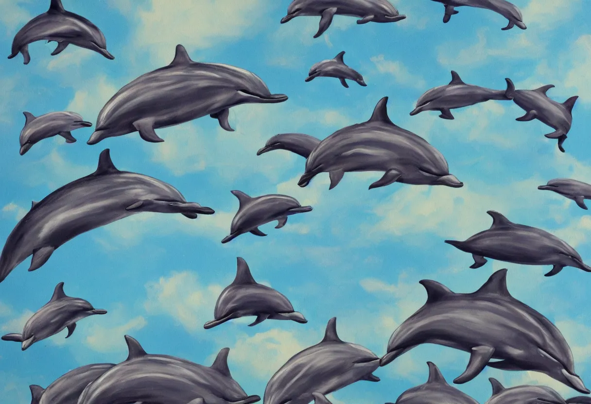 Image similar to close up on a family of dolphins flying through the sky together science fiction painting, cactus below