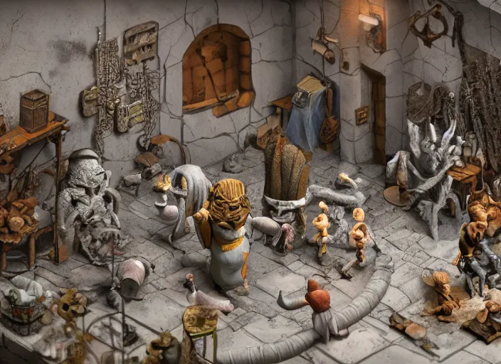 Image similar to detailed studio photography of a claymation diorama of an isometric dungeon game level design, zeiss lens, detailed, by erwin olaf, joop geesink, wes anderson, jim henson, brian froud, breathtaking, 8 k resolution, beautiful lighting, studio light, extremely detailed, establishing shot, realistic materials, hyperrealistic