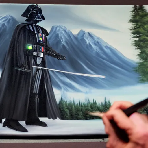 Image similar to a closeup photorealistic photograph of bob ross working on a canvas painting of darth vader. film still. brightly lit scene. mountains and trees. this 4 k hd image is trending on artstation, featured on behance, well - rendered, extra crisp, features intricate detail, epic composition and the style of unreal engine.