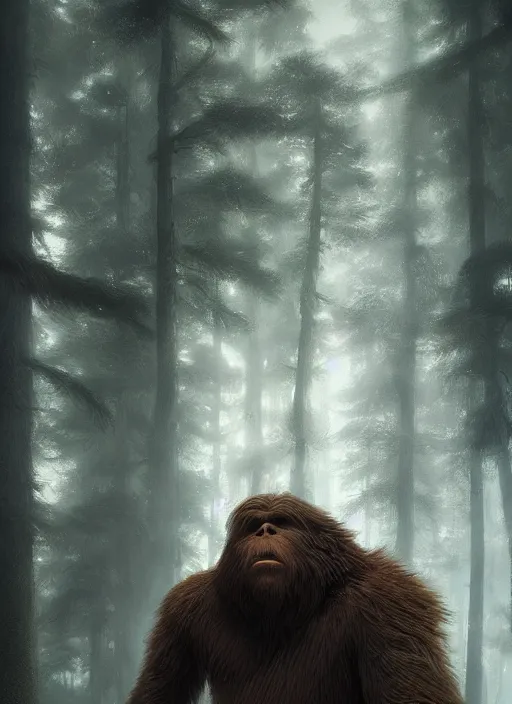 Image similar to highly detailed portrait of bigfoot, unreal engine, cinematic light, warm, fantasy art by greg rutkowski