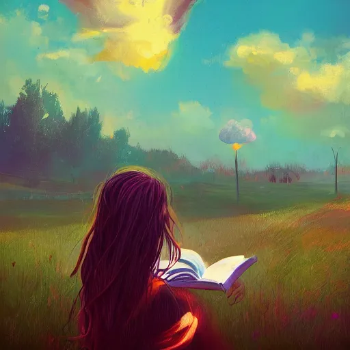 Image similar to a girl reading a book, her hair flowing down, surreal photography, sunrise dramatic light, impressionist painting, colorful clouds, large sky, digital painting, artstation, simon stalenhag, flower face