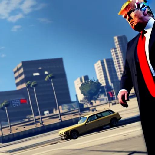 Prompt: donald trump busted in gta v gameplay, isometric view, ps 5 screenshot, third person perspective, 3 d render, cryengine, highly detailed