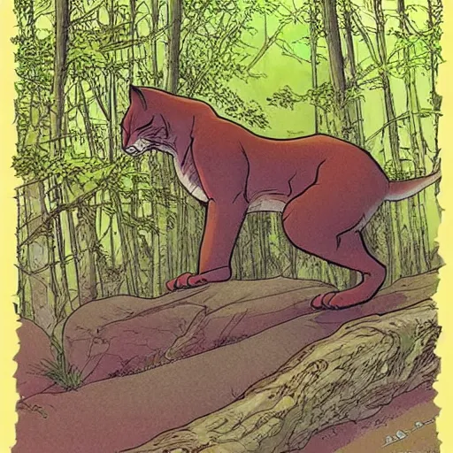 Image similar to ”big cat in beautiful forest, moebius style”