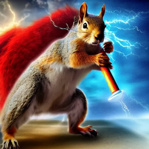 Image similar to the squirrel thor ~ holding his hammer ~ dramatic thunder background ~ fighting scene ~