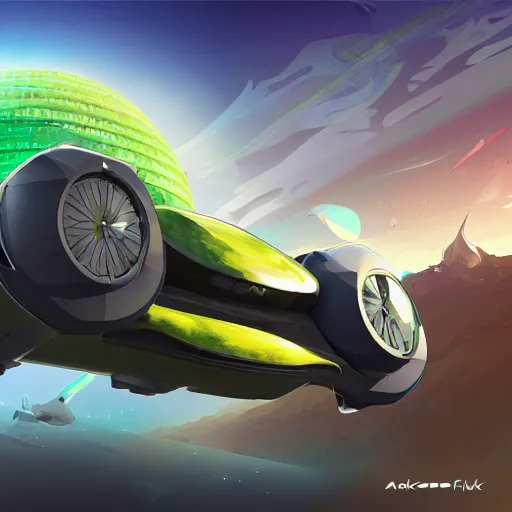 Image similar to solarpunk hovercar, clean energy, green technology, batoidea shape, scifi, sunny day, futurism, intricate, engines, autonomous, highly detailed, peaceful, utopia, bright, digital painting, advanced, artstation, concept art, smooth, sharp focus, epic landscape, art by akihiko yoshida and tim mcburnie and anato finnstark