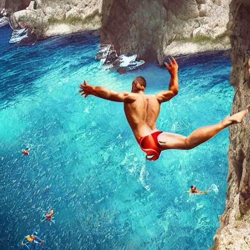 Prompt: Cliff divers by a crystal clear ocean, photorealistic, detailed, 8K