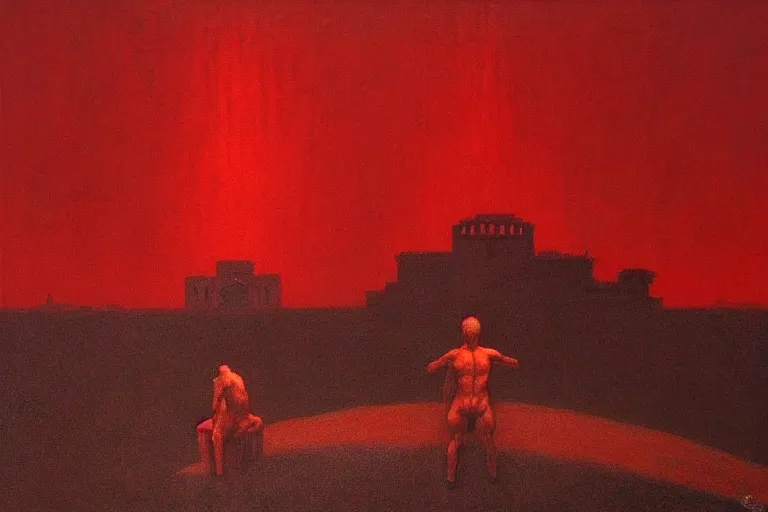 Image similar to only with red, caesar after war, a red tiger, in hoc signo vinces, rome in background, an ancient path, in the style of beksinski, part by hopper, part by rodcenko, part by hofbauer, intricate composition, red by caravaggio, insanely quality, highly detailed, masterpiece, red light, artstation