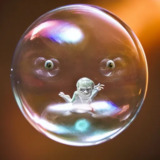Prompt: a soap bubble containing gollum. Award winning photography, trending on