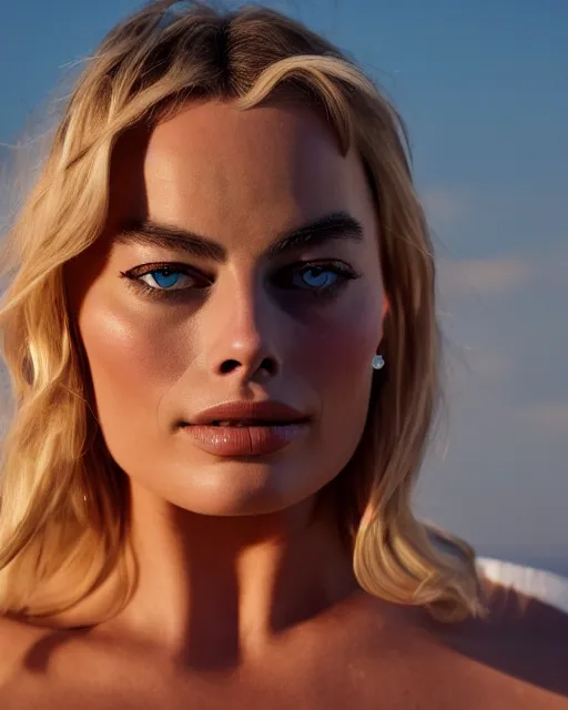 Prompt: a portrait of margot robbie on the beach, sexy look, realistic eyes, beautiful eyes, 8k, hyper-detailed, cinematic, sunset