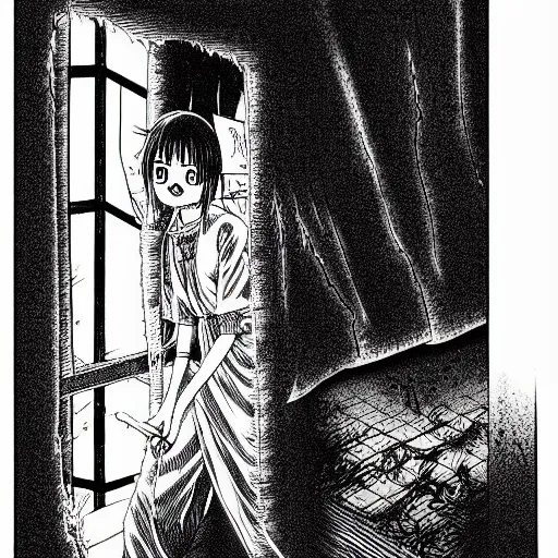 Prompt: horror manga panel of absolute horror abomination by junji ito and kentaro miura that is peaking through the window, black and white, highly detailed on small details,