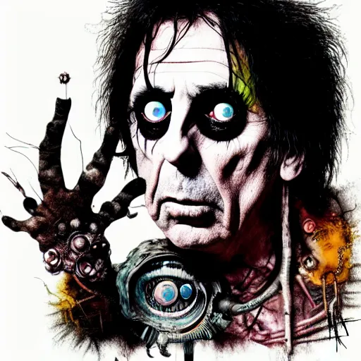 Prompt: graphic illustration, creative design, alice cooper, biopunk, francis bacon, highly detailed, hunter s thompson, mixed media, concept art