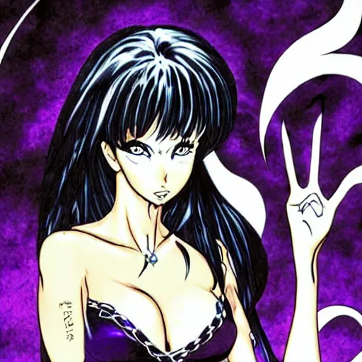 Image similar to Elvira in a dark comic book, the dark goddess summons evil, manga style artwork