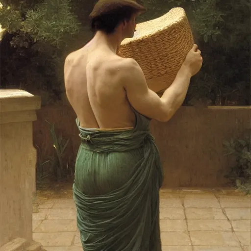 Prompt: an oil painting of an man playing a package, he doing sorting package, view from back, by Bouguereau, highly detailed and intricate, 1500,