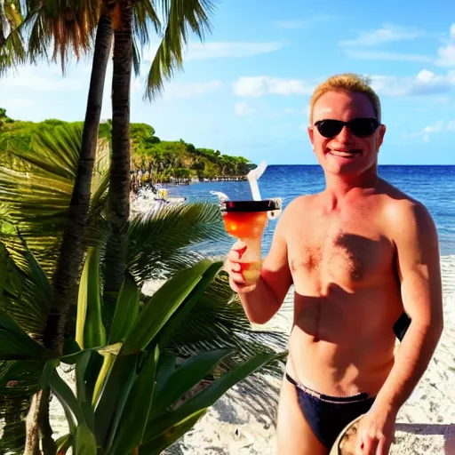 Prompt: chucky drinking a cocktail on a beach in ibiza