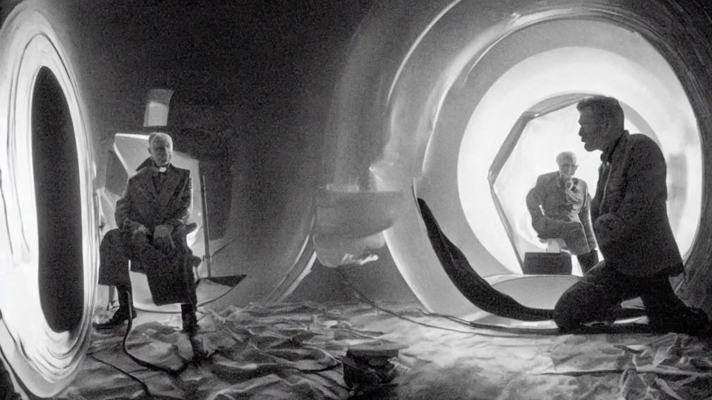 Image similar to an mri image of james cavell in the living room, film still from the movie directed by denis villeneuve with art direction by salvador dali, wide lens