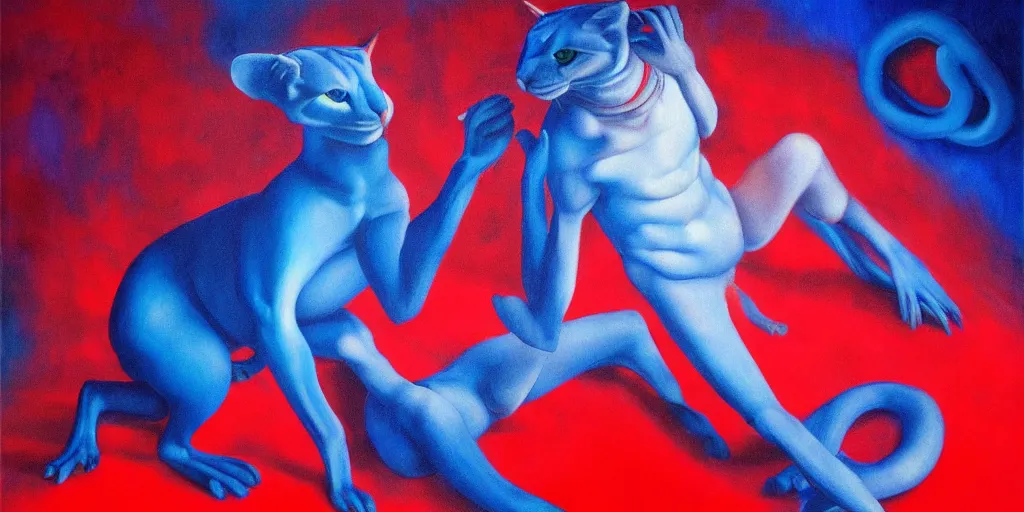 Image similar to only with blue, ney motogrosso in love with a red ocelot, too many hands in all directions, in hoc signo vinces, waterfall, in the style of leonora carrington, gottfried helnwein, intricate composition, blue light by caravaggio, insanely quality, highly detailed, masterpiece, red light, artstation