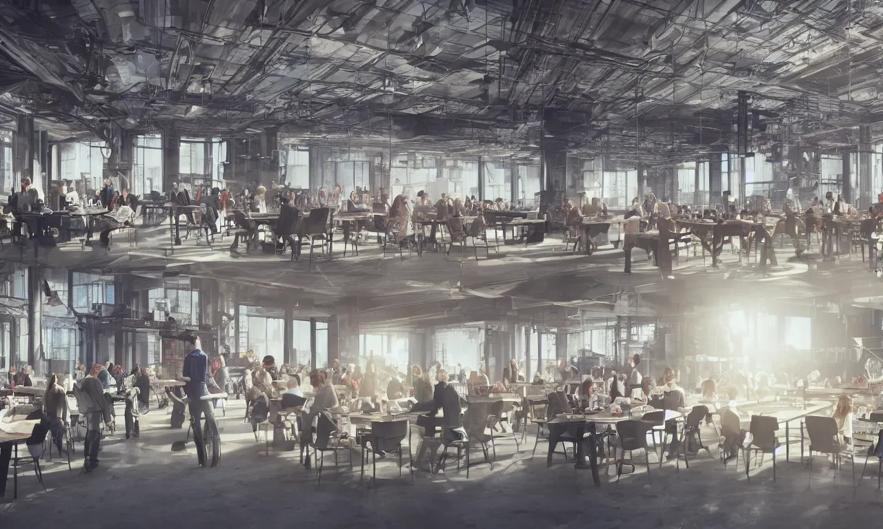 Image similar to cinematic concept, located in empty industrial warehouse with sunlight streaming through the windows, a large table in the middle of the frame that takes up a lot of space, a group of people standing around the table, on top of the table is a large hologram of a city futuristic city, some people are wearing virtual reality headsets in the foreground