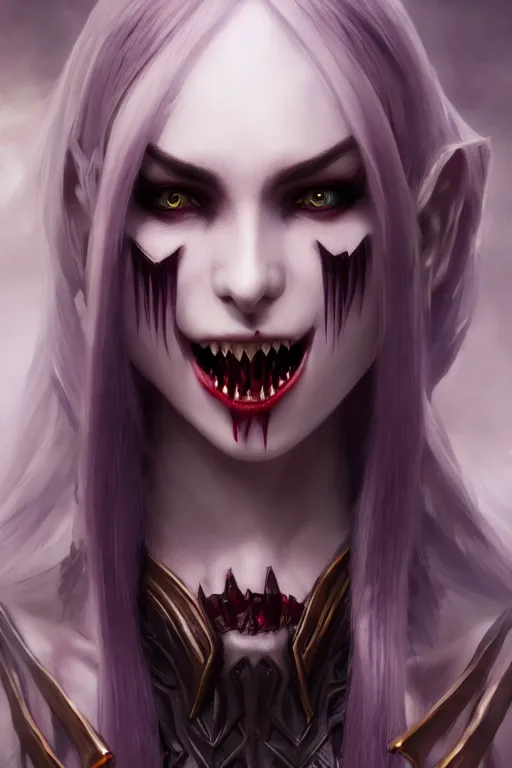 Image similar to dark elf vampire princess with fangs, highly detailed, d & d, fantasy, highly detailed, digital painting, trending on artstation, concept art, sharp focus, illustration, global illumination, ray tracing, realistic shaded, art by artgerm and greg rutkowski and fuji choko and viktoria gavrilenko and hoang lap