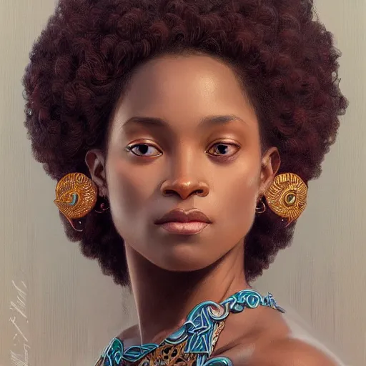 Prompt: portrait of an afro goddess, intricate, elegant, highly detailed, digital painting, artstation, concept art, smooth, sharp focus, illustration, art by artgerm and greg rutkowski and alphonse mucha and william - adolphe bouguereau