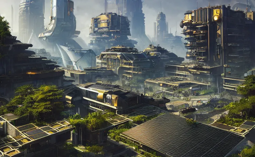 Image similar to solarpunk city with manicured parks and walkable pathways, rooftop solar panels, sustainable metropolis set in the world of call of duty black ops 3, highly detailed, digital painting, artstation, concept art, smooth, sharp focus, illustration, art by wlop, mars ravelo and greg rutkowski and frank lloyd wright