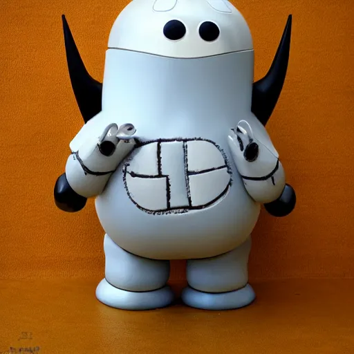 Prompt: a mechanical moomin with big head and horns, space style, metal, 3D art, in style of Baymax, smooth, 8k