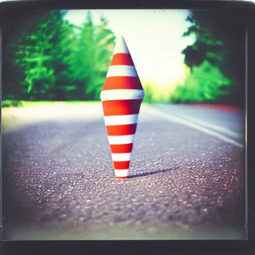 Image similar to polaroid photo of cone with human legs, bokeh