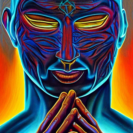 Image similar to a painting of androxus praying designed by alex grey, flooko, etheral, detailed, glows,
