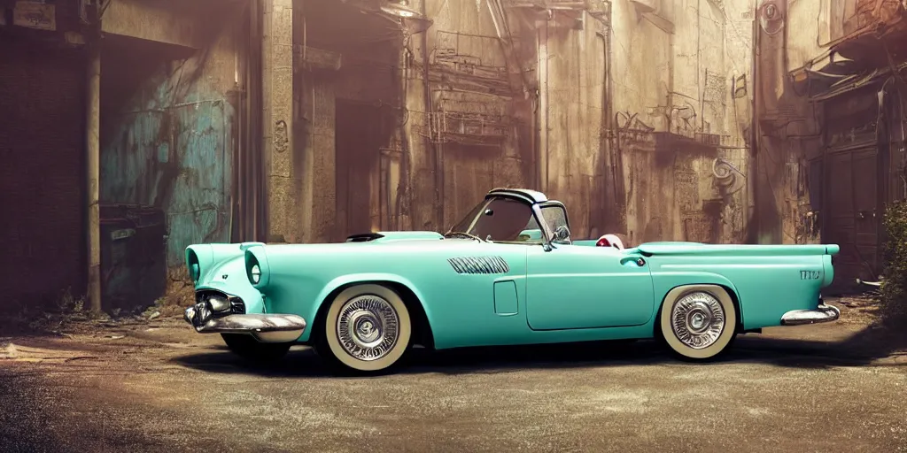 Image similar to a wholesome animation key shot of a focused old 1955 Ford Thunderbird car parked in an abandoned alleyway, medium shot, waist up, studio Ghibli, Pixar and Disney animation, sharp, very detailed, high resolution, Rendered in Unreal Engine 5, anime key art by Greg Rutkowski, Bloom, dramatic lighting