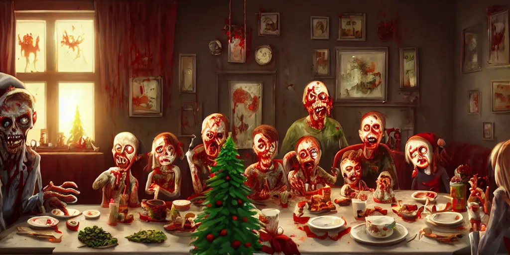 Image similar to a zombie family christmas diner, wide angle, super highly detailed, professional digital painting, artstation, concept art, smooth, sharp focus, no blur, no dof, extreme illustration, unreal engine 5, photorealism, hd quality, 8 k resolution, cinema 4 d, 3 d, beautiful, cinematic, art by wlop