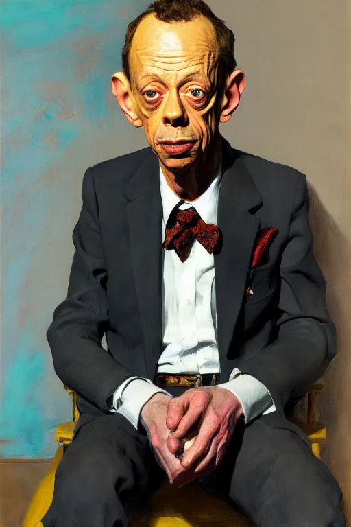 Prompt: portrait of don knotts sitting with full face full figure, in the style of disco elysium, expressionism, artstation, trending, andrew wyeth, jamie wyeth, john singer sargent,