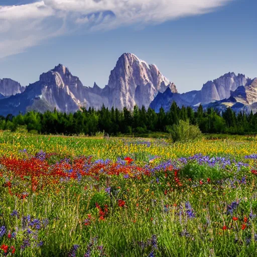 Prompt: A field of wildflowers with mountains in the background.