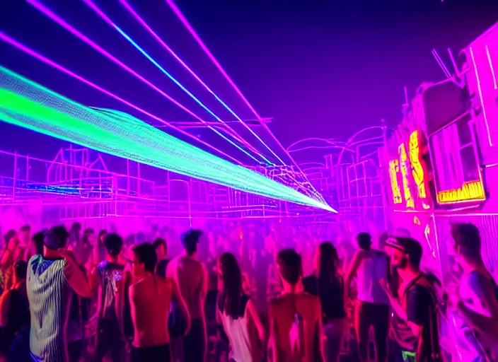 Prompt: a music festival in neon street in new york with street lamp neon laser show, highly detailed crowd of people, 5 dj stages in the style of tomorrowland, highly symmetrical, purple moon with powerful aura, massive scale, highly detailed, intricate fine lines, hd, unreal engine