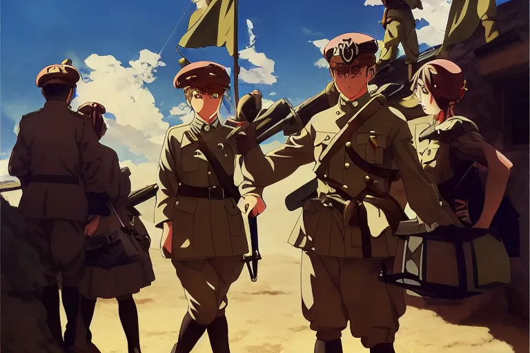 Image similar to anime key visual of high fantasy and world war 2 germany with anime maids as soldiers, dictator fascist nationalist propaganda poster, style of jamie wyeth james gilleard edward hopper greg rutkowski acrylic painting, preserved museum piece, historical