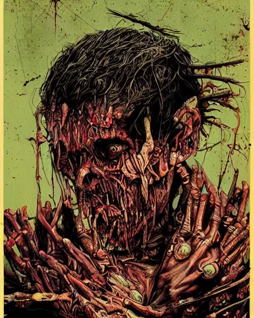 Prompt: trent reznor as a decaying zombie, grotesque, horror, high details, bright colors, striking, intricate details, by vincent di fate, artgerm julie bell beeple, 1 9 8 0 s, inking, vintage 8 0 s print, screen print