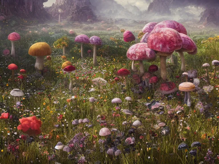 Image similar to the wasteland filled with giant flowers and mushrooms, au naturel, hyper detailed, digital art, trending in artstation, cinematic lighting, studio quality, smooth render, unreal engine 5 rendered, octane rendered, art style by klimt and nixeu and ian sprigger and wlop and krenz cushart