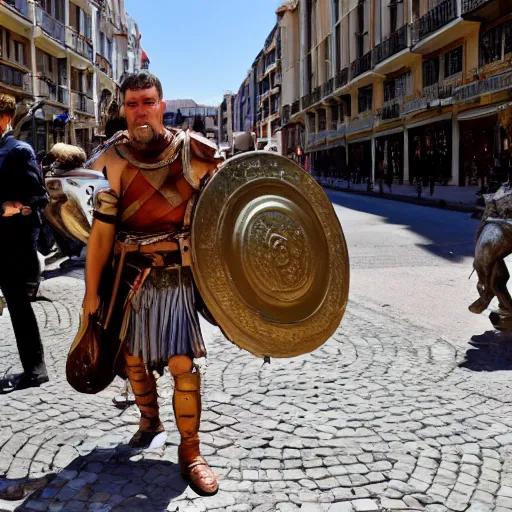 Image similar to a roman legionnaire stranding through madrid