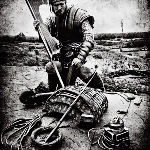 Image similar to wise angle photo of viking in armor working on the mechanical ancient device, tools and junk on the ground,wires and lights, old village in the distance, vintage old photo, black and white, sepia