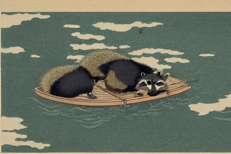 Prompt: raccoon floats on a boat in a storm, Hasui Kawase, dramatic,