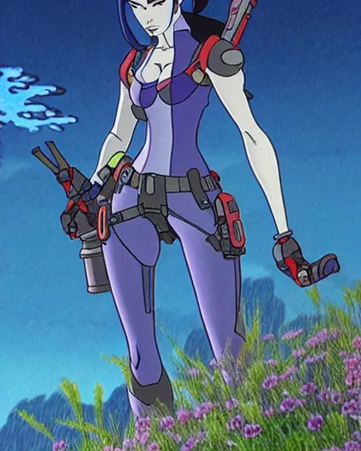 Prompt: widowmaker from overwatch, in a scene from a studio ghibli movie, intricate details, highly detailed, in the style of studio ghibli