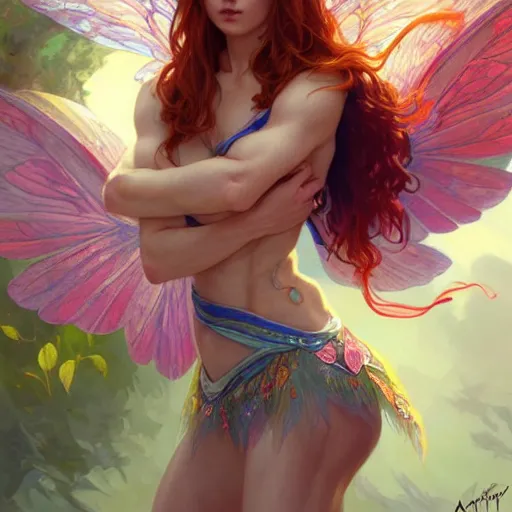 Image similar to beautiful natural fairy small winged redhead martial artist karate fey muscular body shortsword phrygian, vivid colors, intricate, elegant, highly detailed, digital painting, artstation, concept art, smooth, sharp focus, illustration, art by artgerm and greg rutkowski and alphonse mucha and loish and wlop