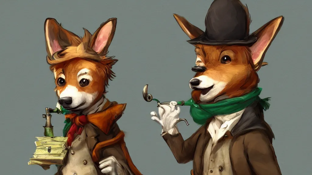 Image similar to An anthropomorphic corgi with a smoking pipe and a green scarf around his neck dressed as a wandering salesman in a fantasy setting. He has a miniature donkey loaded up with all of his wares, dreamscape, dramatic lighting, fantasy art illustration, trending on artstation, Aetherpunk